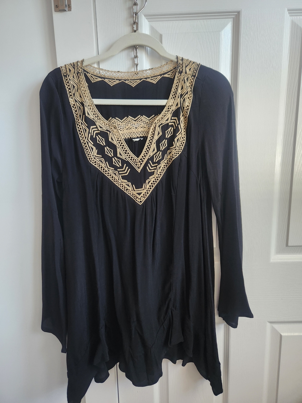Embroidered Black Tunic Top with Contrast Trim